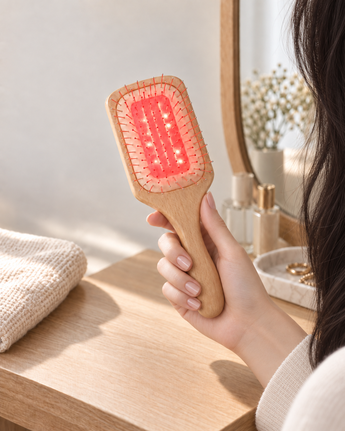 VivaBrush Glowを手に持ち、赤色LEDが点灯した製品イメージ