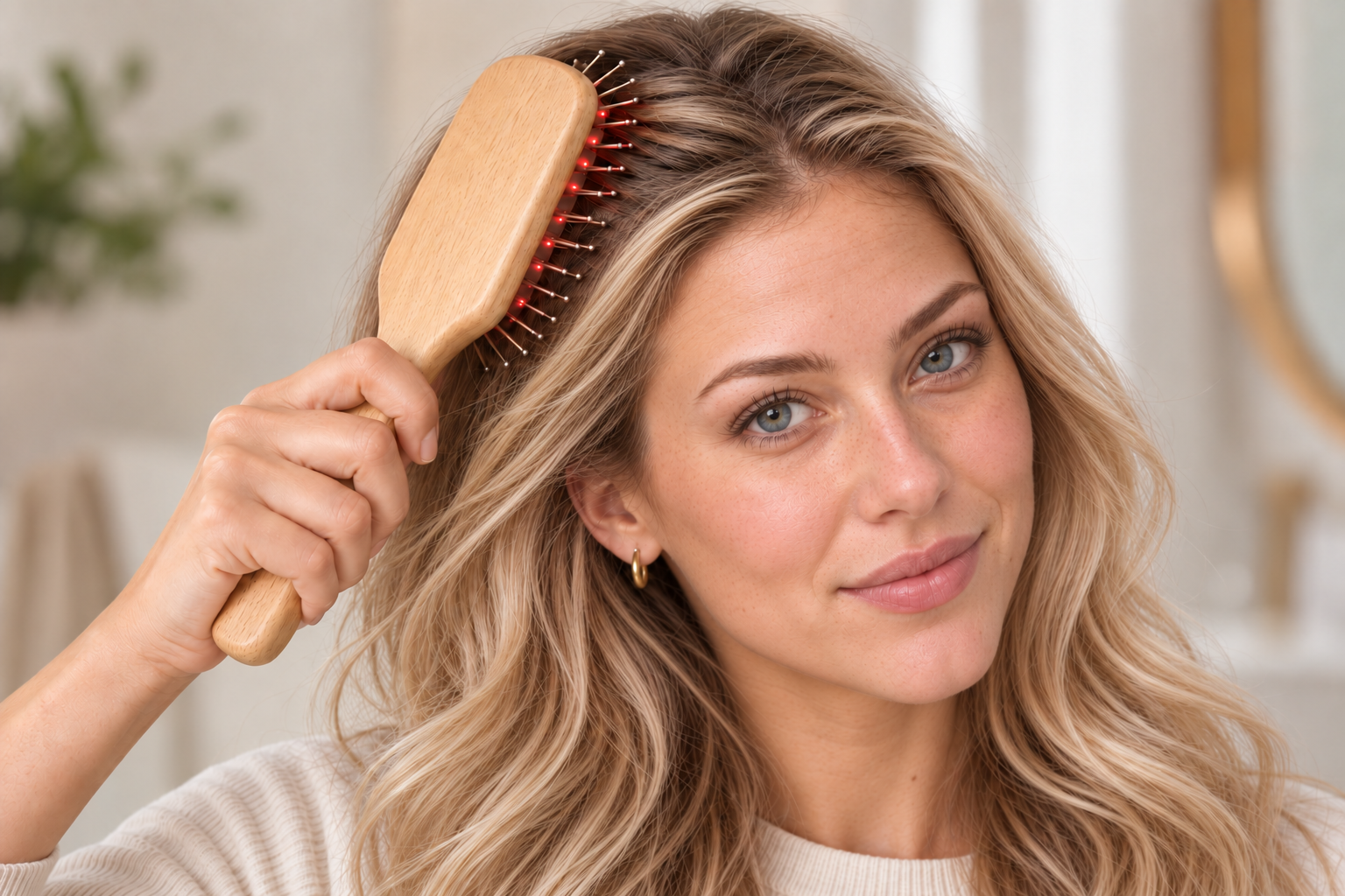 VivaBrush Pro being placed through the hair during a personal-care routine