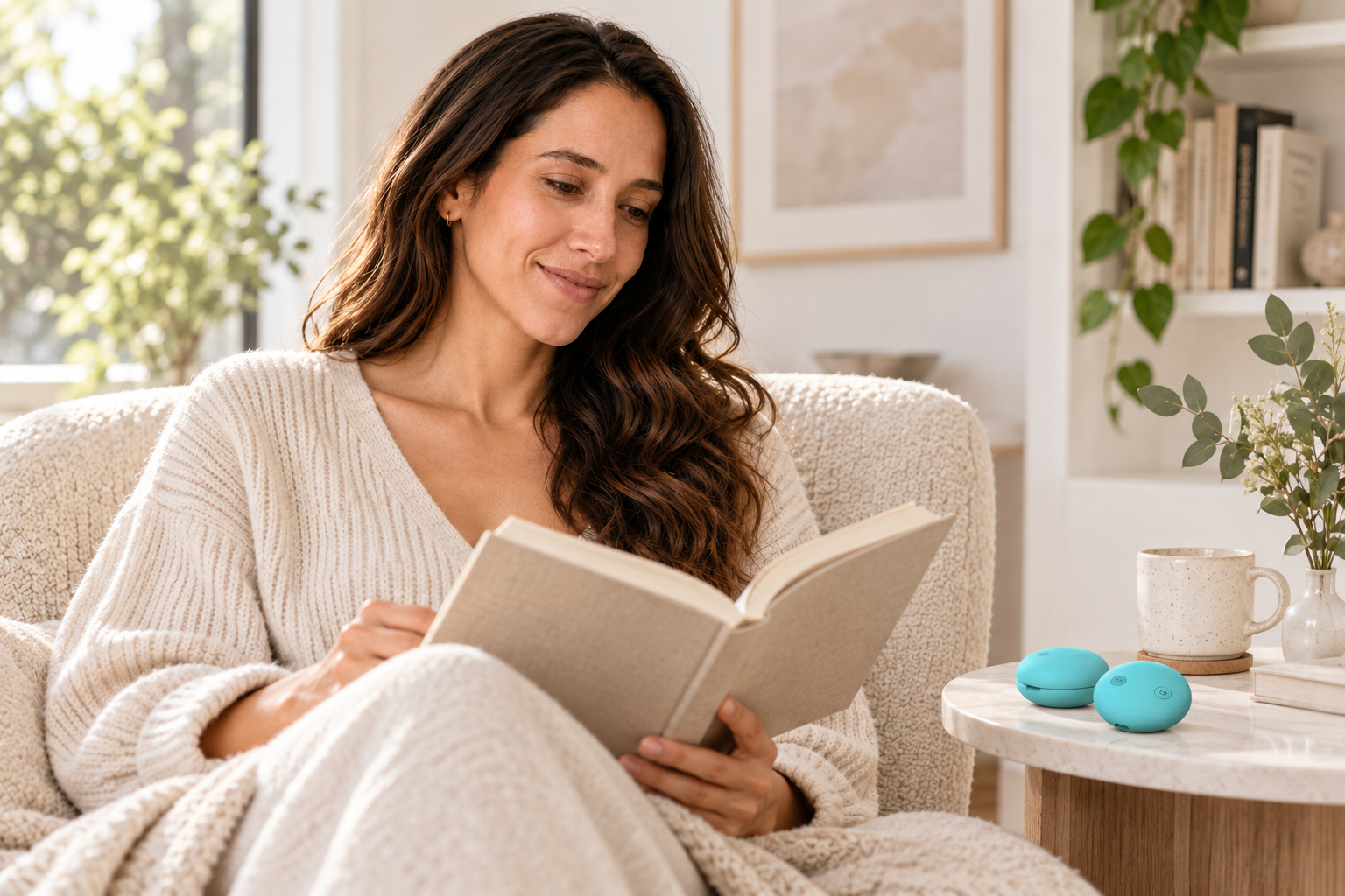 A person reading at home beside an AuraMacaron device